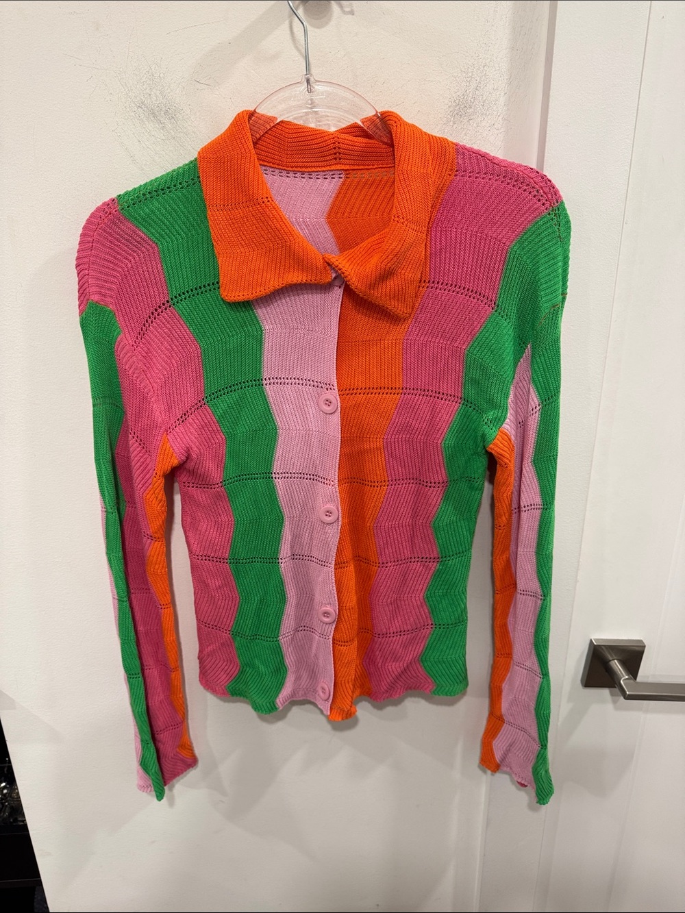 SHEIN Colorblock Striped Button-Up Cardigan in Pink, Green & Orange